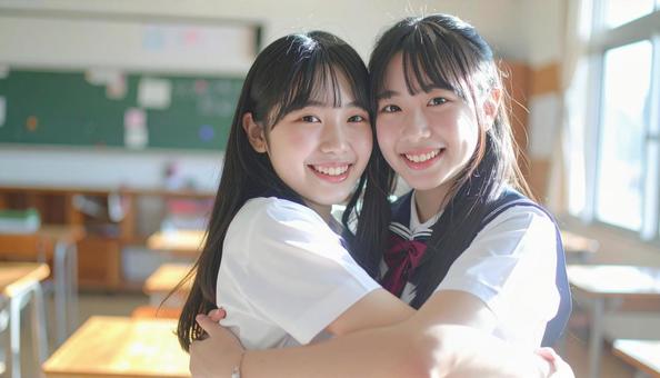 ハグする女子学生 ハグする女子学生の写真