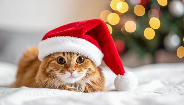サンタクロースの帽子をかぶった猫の写真
