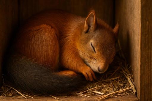 巣箱の中で眠るリス 巣箱の中で眠るリスの写真