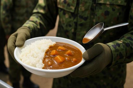 自衛隊カレーを持つ隊員の手元・炊事訓練 自衛隊カレーを持つ隊員の手元・炊事訓練の写真