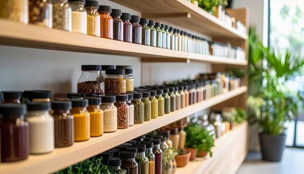 A stylish shelf lined with seasoning bottles, spices, colorful, market, JPG