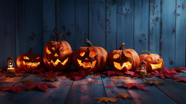 光るジャックオランタンの行列の写真