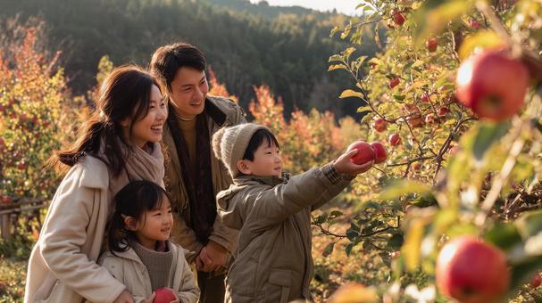 秋の思い出家族でりんご狩りの写真