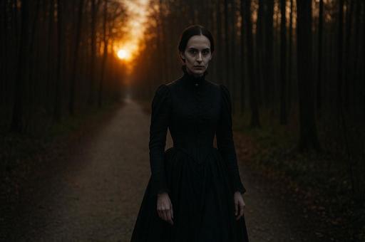 森の夕暮れに佇む女性 森の夕暮れに佇む女性の写真