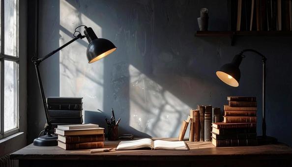 机の上のライトスタンドと本 机の上のライトスタンドと本の写真