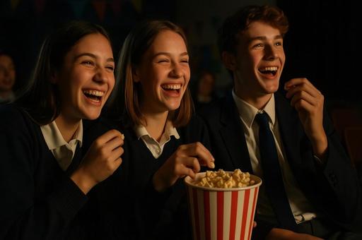 映画館で笑う学生たち 映画館で笑う学生たちの写真