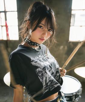 廃工場内でドラムスティックを持つ女性 廃工場内でドラムスティックを持つ女性の写真