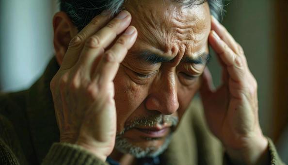 頭を抱えて落ち込む日本人男性 頭を抱えて落ち込む日本人男性の写真