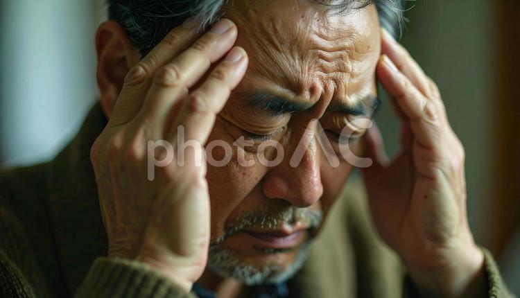 頭を抱えて落ち込む日本人男性 落ち込み,自信喪失,無気力の写真素材