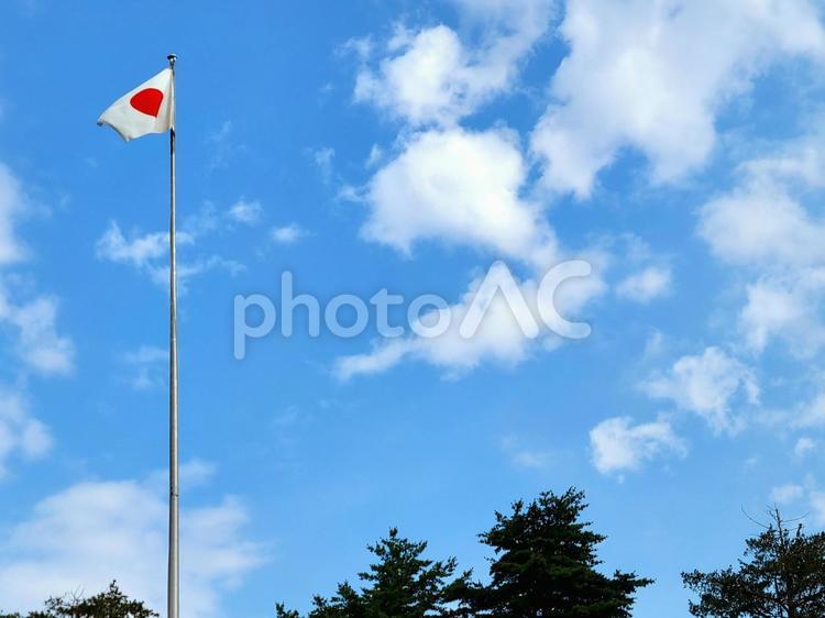 日の丸と青空　国旗掲揚　北海道神宮　左 日本国旗,日の丸,旗の写真素材