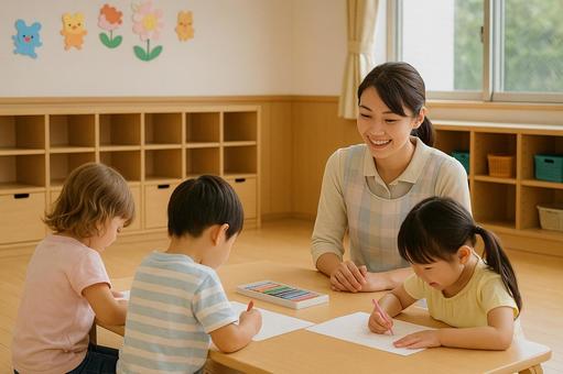 お絵描きをする子どもと保育士 お絵描きをする子どもと保育士の写真