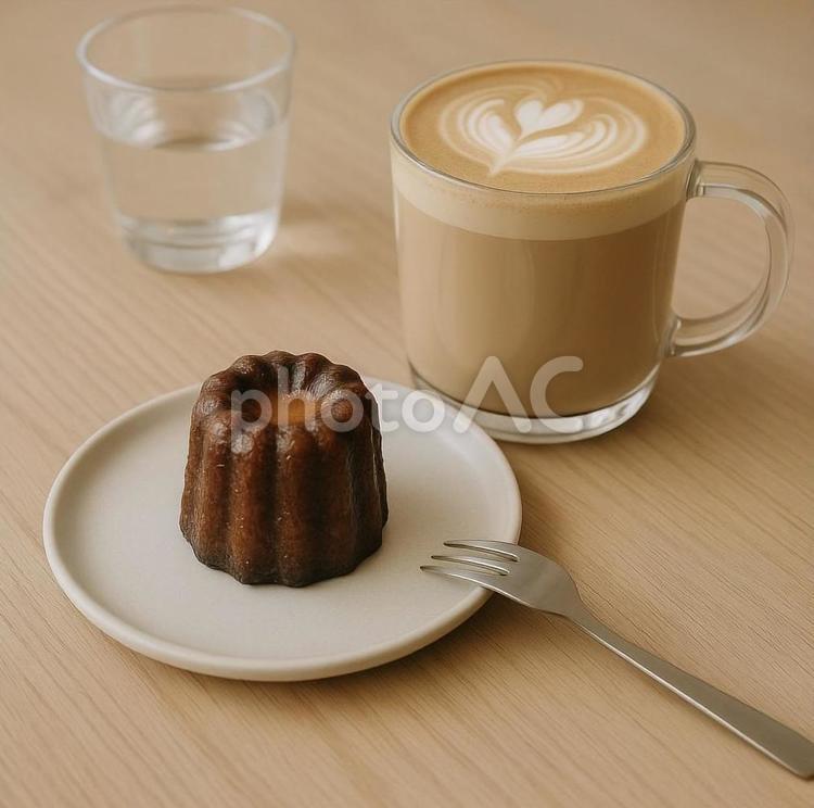 カフェのカヌレとカフェオレのセット カフェ,カヌレ,カフェオレの写真素材