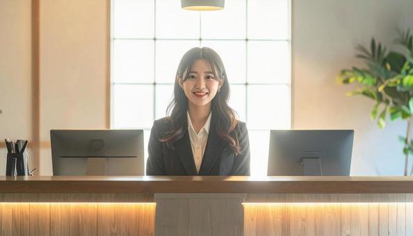 笑顔で対応する女性の受付嬢 笑顔で対応する女性の受付嬢の写真