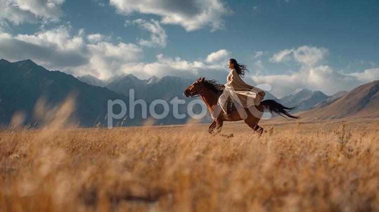 草原を駆ける女性と馬 女性,馬,乗馬の写真素材