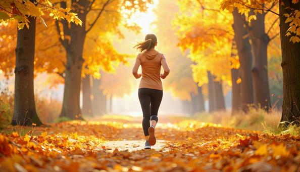 スポーツの秋 紅葉の中を走る女性 後ろ姿 スポーツの秋 紅葉の中を走る女性 後ろ姿の写真