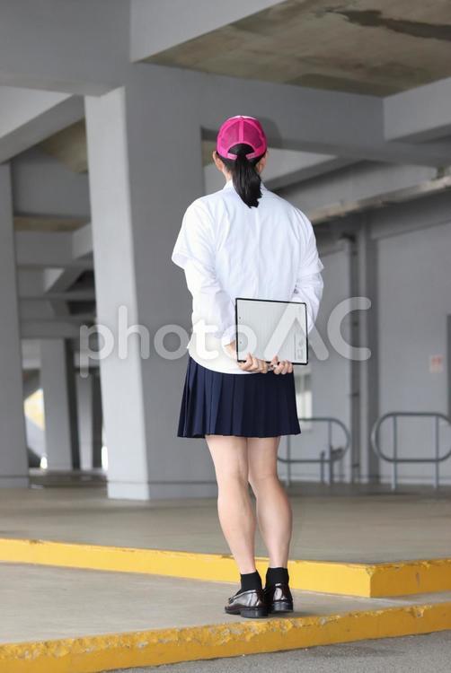 入場口のマネージャー(バインダー） ローファー,後ろ向き,ポニーテールの写真素材
