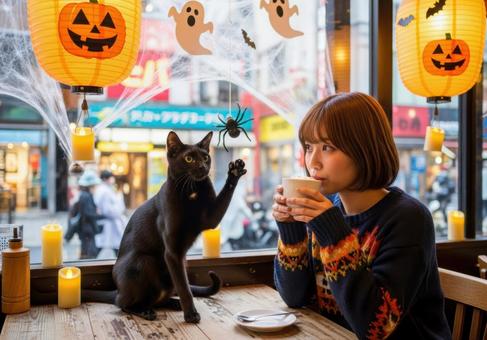 黒猫と女性が過ごすハロウィン猫カフェ 黒猫と女性が過ごすハロウィン猫カフェ 黒猫,女性,カフェの写真素材