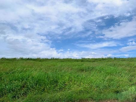 土手の風景 土手,青空,空の写真素材