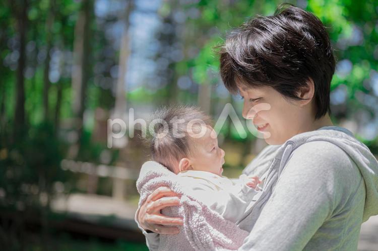爽やかな緑と親子(その１９) 赤ちゃん,抱っこ,森の写真素材