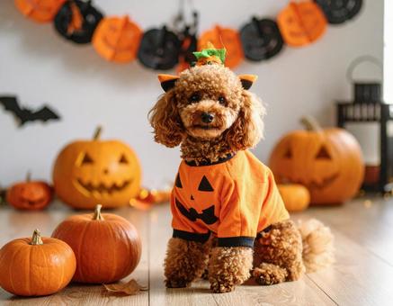 ハロウィンのコスチュームで仮装した犬 ハロウィンのコスチュームで仮装した犬の写真