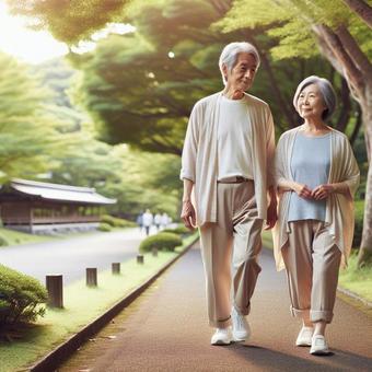 公園を散歩するシニア夫婦 公園を散歩するシニア夫婦の写真