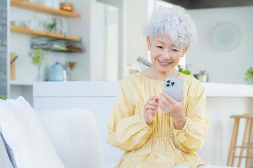 リビングでスマホを見るシニアの女性 リビングでスマホを見るシニアの女性 シニア,女性,老後の写真素材