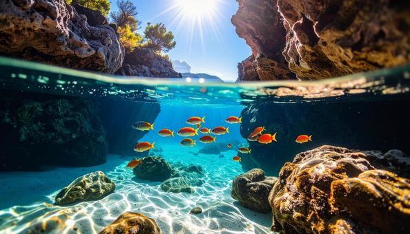 海中から見た岩場に泳ぐ熱帯魚 海中から見た岩場に泳ぐ熱帯魚の写真