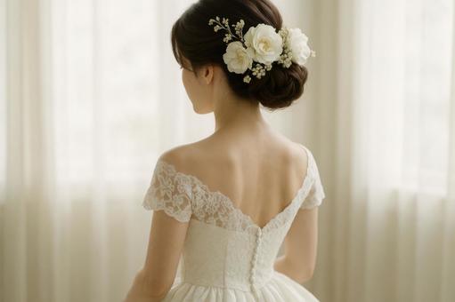 白いドレスと花のヘッドパーツ 白いドレスと花のヘッドパーツの写真