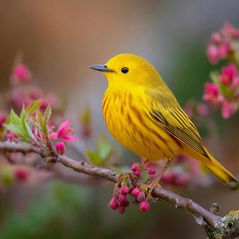 枝に佇む鮮やかな黄色の小鳥 枝に佇む鮮やかな黄色の小鳥の写真