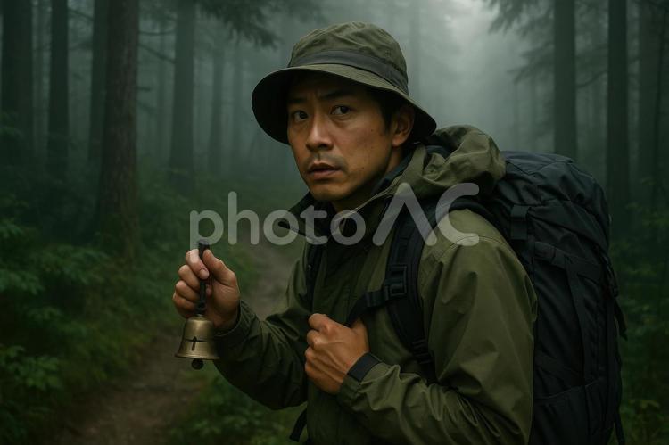 クマ鈴を持つ登山者 登山者,日本人,クマ鈴の写真素材