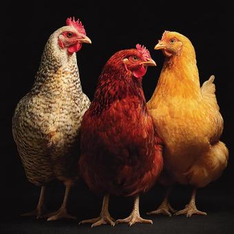 羽の模様が美しい、特徴的なニワトリたち 羽の模様が美しい、特徴的なニワトリたちの写真
