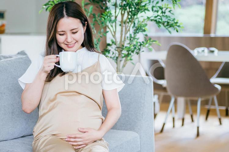 笑顔の妊婦（飲み物） 妊婦,妊娠,赤ちゃんの写真素材
