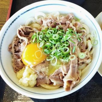 うどん うどん 肉,卵,ネギの写真素材