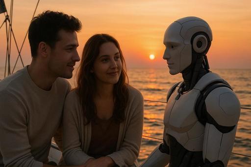 夕日と海のロボット人物 夕日と海のロボット人物の写真