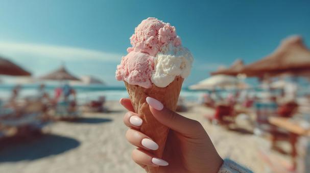 夏の海辺で味わうアイスクリーム 夏の海辺で味わうアイスクリームの写真