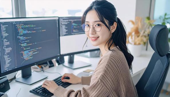 プログラミングをする女性エンジニア プログラミングをする女性エンジニアの写真