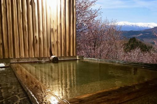 An open-air bath with a spectacular view while watching the cherry blossoms and snow, JPG An open-air bath with a spectacular view while watching the cherry blossoms and snow, hot spring, outdoor bath, bath, JPG