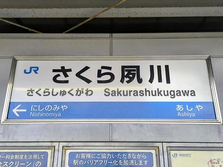 JR神戸線、さくら夙川駅、駅名板 JR神戸線、さくら夙川駅、駅名板 jr,jr西日本,神戸線の写真素材