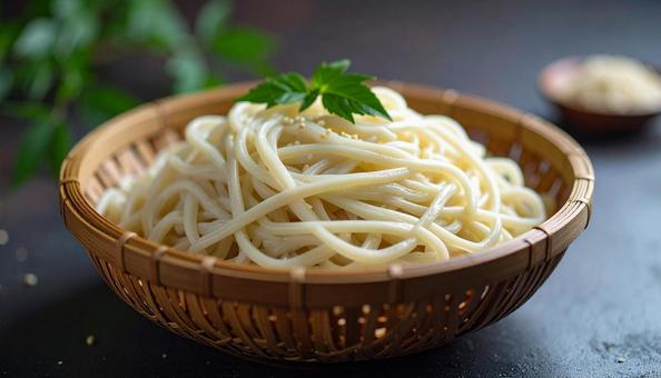 ざるに盛られたうどんの麺 ざるに盛られたうどんの麺の写真