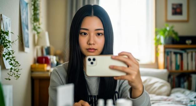 スマホで自撮りをする女性のポートレート スマホで自撮りをする女性のポートレートの写真