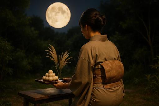 庭に団子を置く女性の後ろ姿 庭に団子を置く女性の後ろ姿の写真