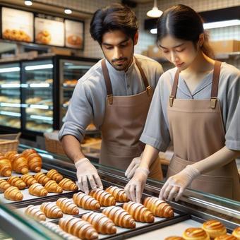 パンを並べる店員たち パンを並べる店員たちの写真
