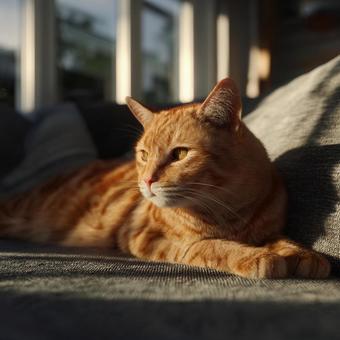 茶色と白の縞模様の猫が家の中でリラックス 茶色と白の縞模様の猫が家の中でリラックスの写真