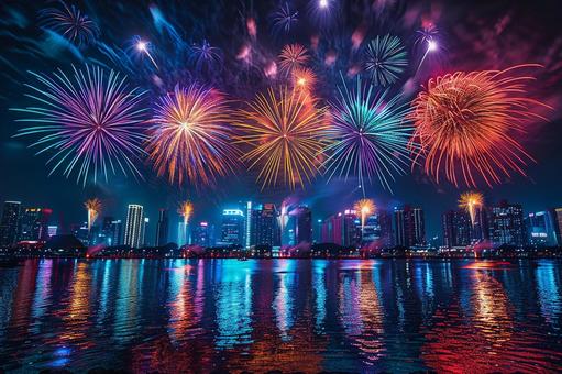 夏の夜を彩る都会の花火大会 夏の夜を彩る都会の花火大会の写真