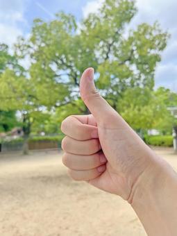 公園でサムズアップ 公園でサムズアップ 公園,サムズアップ,手の写真素材