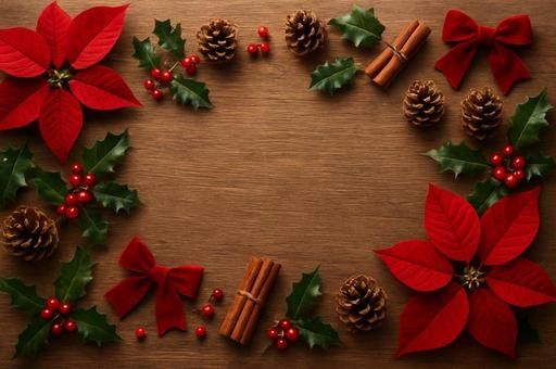 ポインセチアと木目背景の写真