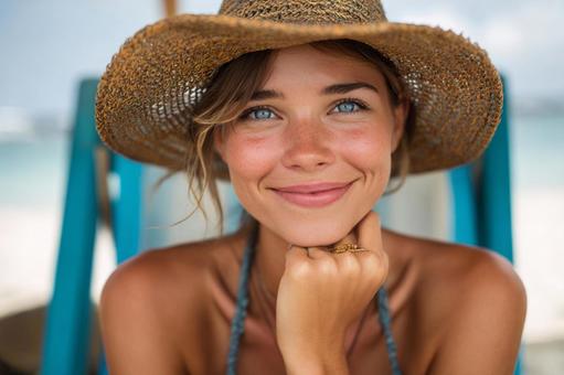 ビーチで微笑む麦わら帽子の女性の写真