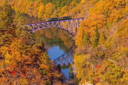 紅葉の橋梁を走る只見線 只見川,只見線,紅葉の写真素材