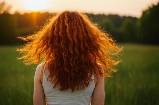 夕陽を受ける赤毛の女性と草原の風景 夕陽を受ける赤毛の女性と草原の風景の写真