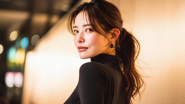 夜の街で微笑む女性・大人の魅力 夜の街で微笑む女性・大人の魅力の写真